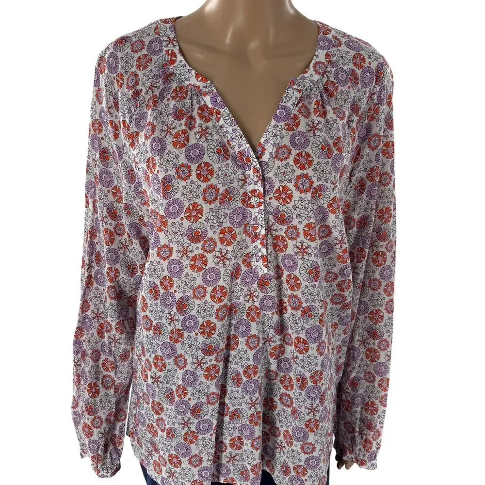 Boden Natural White Patricia Floral Red Purple Popover Long Sleeve Top